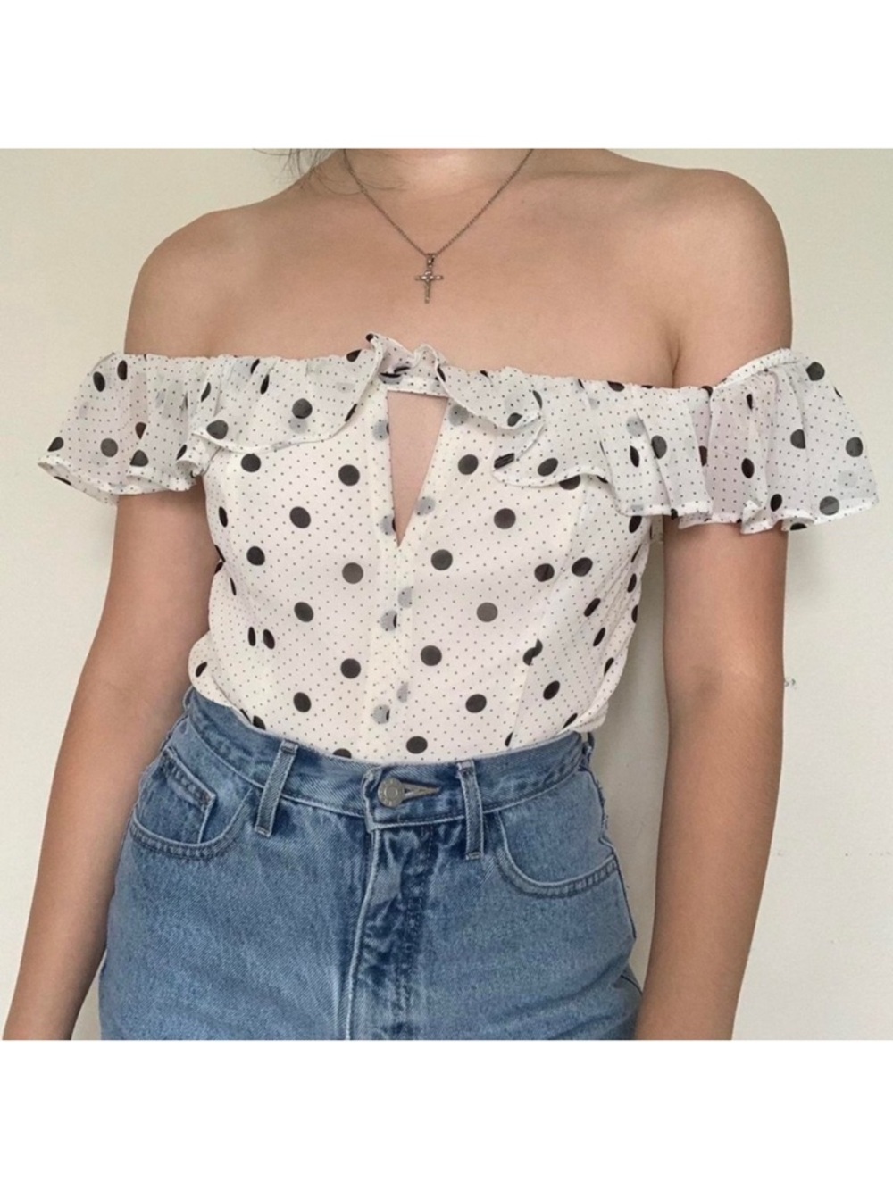 Express White and Black Polka Dot Off the Shoulder Ruffle Key Whole Blouse Top